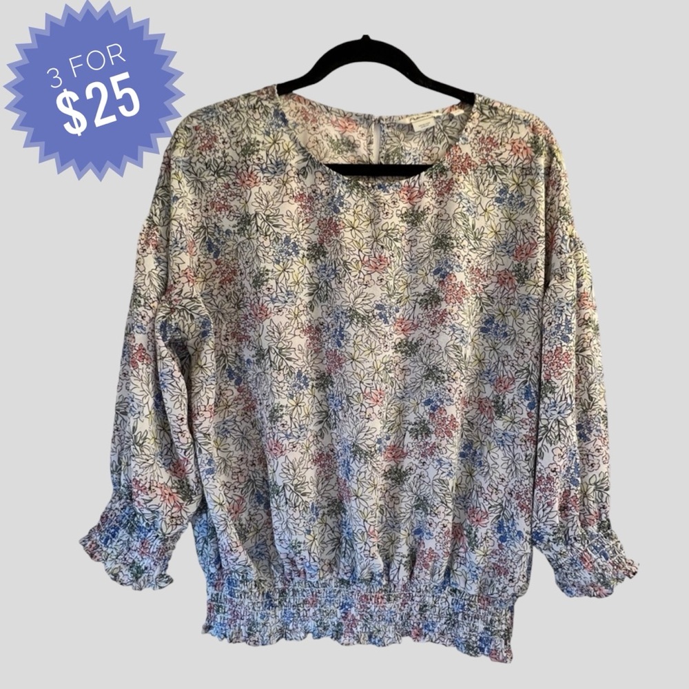 Sale Reitmans Women’s Blouse L White Sheer Floral Long Sleeves